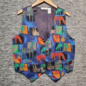 VTG 111 Main Abstract Pop Art Vest Womens L XL Blue Giraffe Zebra Safari 90s